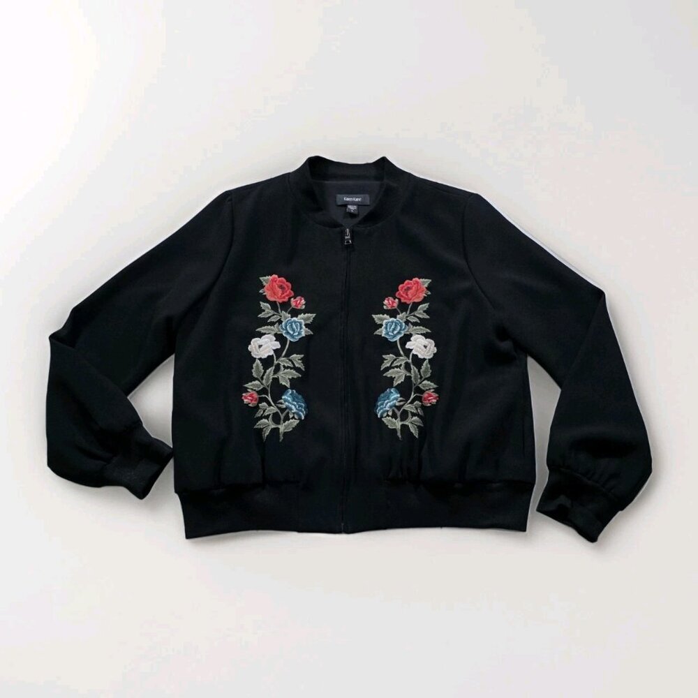 Karen Kane Floral Embroidered Bomber Jacket Womens L Black LS Zip Pockets Lined - Picture 10 of 16